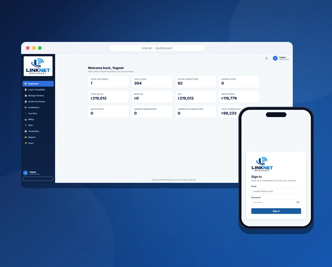 LinkNet Broadnet dashboard on desktop and sign-in screen on mobile
