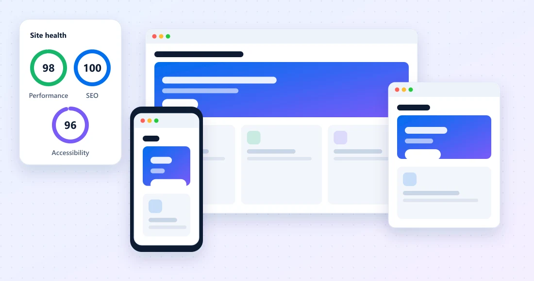 Responsive website on desktop, tablet and phone with performance, SEO and accessibility scores